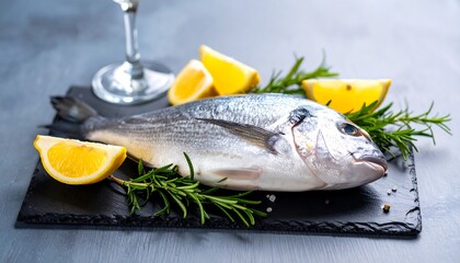 Fresh, whole fish, prepared for cooking, set on a dark stone platter with slices of lemon and sprigs of rosemary.