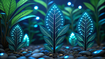 Aquascape design inspired by nature. Glowing leaves in a tranquil setting, surrounded by pebbles and soft blue lights.