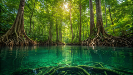 Aquascape design inspired by nature. Lush mangrove forest with roots submerged in clear turquoise water under bright sunlight.