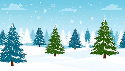Snowy winter forest landscape with evergreen trees and falling snowflakes.