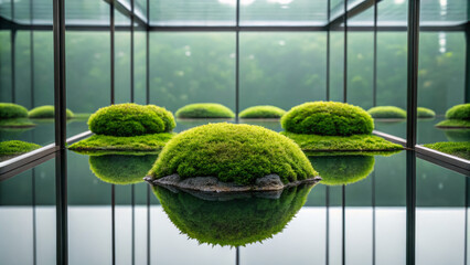 Aquascape design inspired by nature. Serene moss arrangements reflected in glass create a tranquil, modern landscape.