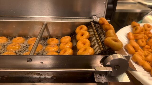 proceso de la fabricacion de donas o donitas azucaradas deliciosas y recien hechas por una banda tranportadora en la maquinaria de una empresa metodo o modo de preparacion y produccion de alimentos