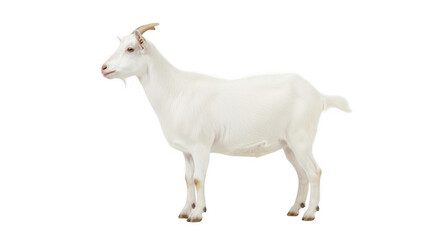 Fototapeta premium A white goat standing with its head turned to the left profile isolated on a transparent background