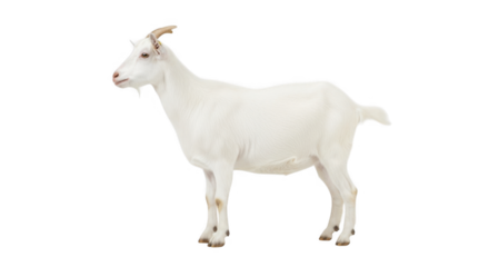A white goat standing with its head turned to the left profile isolated on a transparent background