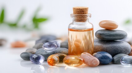 Aromatherapy Bliss: A serene composition featuring a small glass bottle of essential oil, artfully arranged with smooth river stones and fresh leaves.