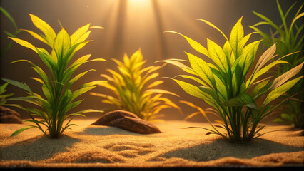 Aquascape design inspired by nature. Lush aquatic plants illuminated by warm light create a serene underwater scene.
