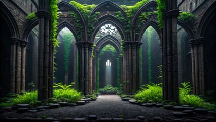 Aquascape design inspired by nature. A mystical, overgrown ruins with towering arches and soft light filtering through, evoking a sense of tranquility and mystery.