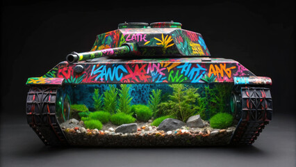 Aquascape design inspired by nature. A colorful tank design featuring graffiti and an aquarium inside, blending art and nature.