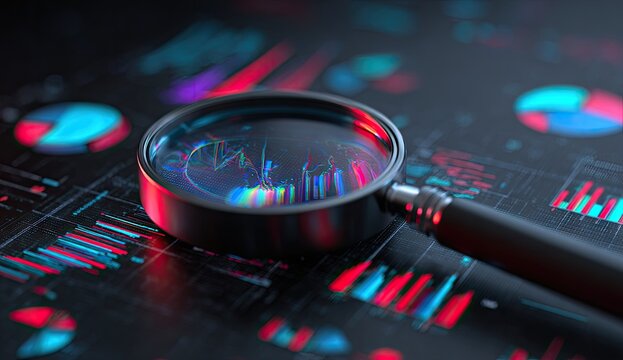 Magnifying glass focused on financial data charts - Powered by Adobe