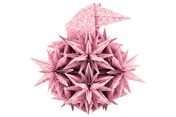 Complex modular origami of a pink bird on a spiky ball isolated on a transparent background