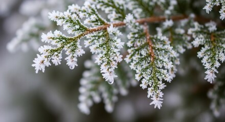 Evergreen tree branch covered with frost. Frozen vegetation with delicate ice crystals. Winter nature backdrop for holiday greeting card.