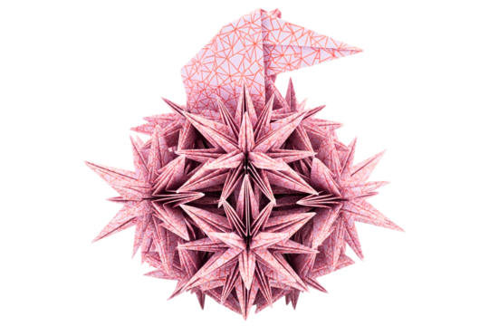 Complex modular origami of a pink bird on a spiky ball isolated on a transparent background