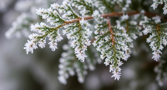 Evergreen tree branch covered with frost. Frozen vegetation with delicate ice crystals. Winter nature backdrop for holiday greeting card.