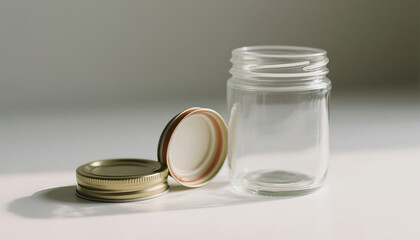 Clear glass jar with gold lid placed on a white background  
