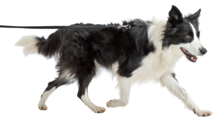 A lively border collie walking on a leash, showcasing its playful demeanor and intelligence against a white background.
