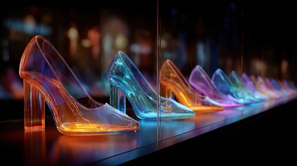 Display of transparent high-heeled shoes with vibrant neon colors and light effects