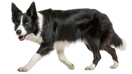 Fototapeta premium A playful border collie with a black and white coat, walking gracefully against a white isolated background.