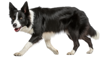 A playful border collie with a black and white coat, walking gracefully against a white isolated background.