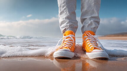Beachside Stroll in Vibrant Hue: A pair of energetic yellow sneakers are embraced by the ocean, capturing a moment of pure joy amidst the vastness of the ocean.