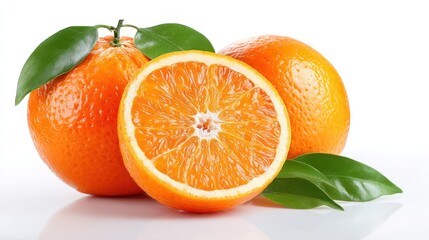 Citrus Burst: Vivid oranges with lush green leaves offer a refreshing display, one halved revealing juicy segments, a tantalizing still life