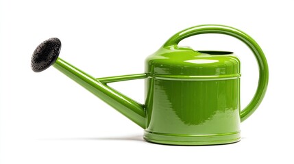Bright green watering can on white background (1)