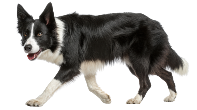 A playful border collie with a black and white coat, walking gracefully against a white isolated background.