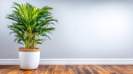 Botanical tranquility: A lush, vibrant houseplant graces a modern interior, its greenery contrasting beautifully against a clean, muted wall and polished wooden floor.