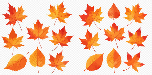 Obraz premium A vibrant collection of watercolor autumn leaves, featuring various maple and other foliage in warm shades of orange, red, and yellow.