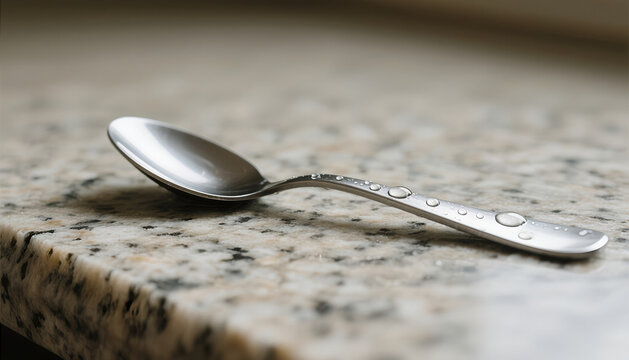 Silver spoon resting on granite countertop with water droplets