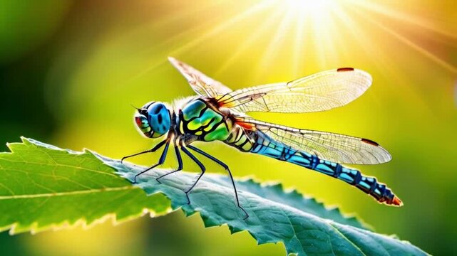 Macro shot of a dragonfly on the leaf with sunbeam. Wildlife close up background concept. 
