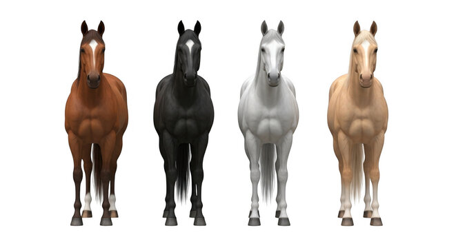 A Collection of Four Majestic Horses Showcasing Distinct Coat Colors on a Black Background with Detailed Anatomy and Front Facing Poses