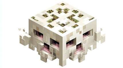 A voxel-art skull, cube-shaped, with decaying, off-white texture, featuring recessed eye sockets and mossy green growths atop.  It floats, with wispy fragments emanating from its base
