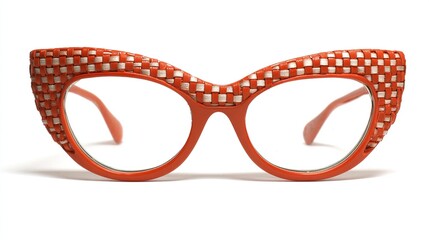 Orange cat-eye glasses with a unique woven, textured detail in off-white on the frames' exterior.  Clear lenses