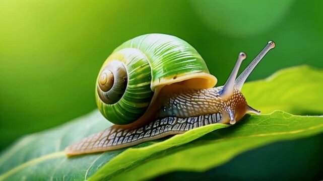 Macro shot of green snail crawling on the leaf. Wildlife close up background concept..