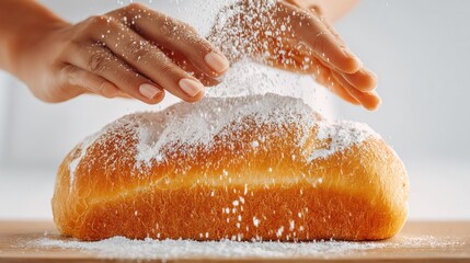 Artisanal Delights: A close-up captures the delicate artistry of a hand dusting a freshly baked loaf with powdered sugar, showcasing the final touch of perfection in a culinary masterpiece. 