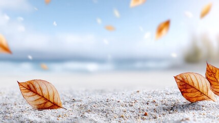 Autumnal Beach Serenity: A coastal panorama, where golden autumnal leaves gracefully float over pristine white sand and a tranquil expanse of ocean.