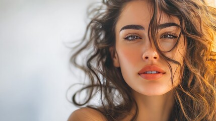Captivating Gaze: A close-up portrait of a beautiful person with mesmerizing eyes, perfect skin, and flowing hair, radiating beauty, confidence, and a sense of serenity. 