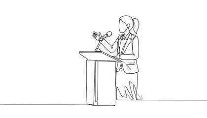 A single-line drawing depicts a woman giving a presentation at a podium.