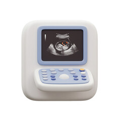 A three-dimensional rendering depicts a medical ultrasound machine, showcasing a detailed view of a developing fetus within the womb, highlighting the technology's diagnostic capabilities.