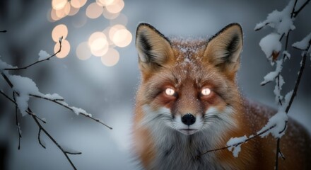 Obraz premium Red fox with glowing eyes in snowy forest. Winter wildlife animal. Frosty nature scene with bokeh lights background. Yule concept.