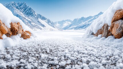Frozen Mountain Majesty: A breathtaking snow-covered mountain valley stretches before the viewer, framed by icy rocks. The crisp air and pristine landscape create a sense of peace and wonder.
