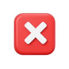 A vibrant, three-dimensional rendering of a red square with rounded corners, prominently featuring a white '' symbol at its center, conveying a sense of denial.