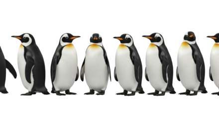 A line of emperor penguins standing upright on a black background showcasing their iconic black and white plumage and yellow accents with clear details on their bodies and faces