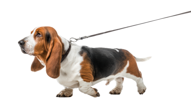 Basset hound walking on a leash, white isolated background.