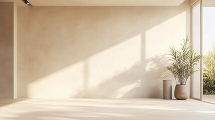 Minimalist interior space with sunlight and a potted plant near a large window.