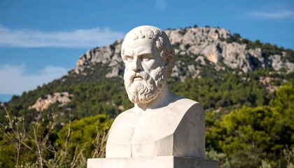 A detailed bust of a historical figure, positioned against a backdrop of a lush, mountainous landscape under a clear, bright sky.