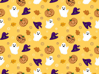 Halloween seamless background with pumpkins, autumn leaves, white ghosts, and witch hats. Good for textile fabric design, wrapping paper, website wallpaper, wallpaper, and apparel. vector illustration