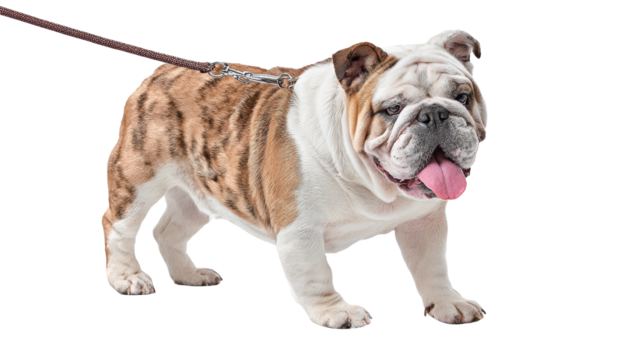 Bulldog standing on a leash, showcasing its expressive features against a white background.