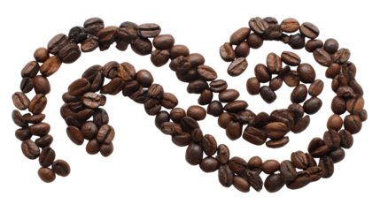 Coffee beans arranged in an artistic swirl on a white isolated background.