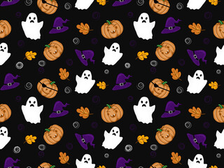 Halloween seamless background with pumpkins, autumn leaves, white ghosts, and witch hats. Good for textile fabric design, wrapping paper, website wallpaper, wallpaper, and apparel. vector illustration